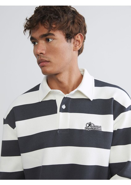 Yeni Sezon Polo Yaka Çizgili Erkek Kalın Sweatshirt