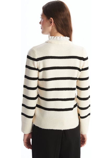 Yeni Sezon Fırfırlı Dik Yaka Çizgili Uzun Kollu Kadın Triko Kazak fırsatları