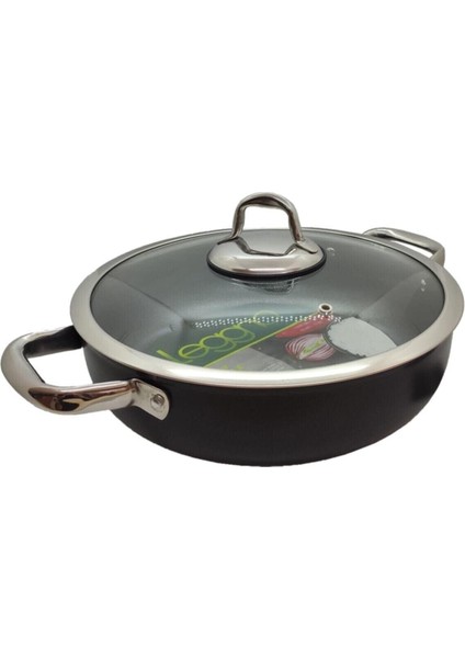 Titanium 28CM Sığ Tencere, Çelik Kulp, Özel Çerçeveli Cam Kapak Siyah