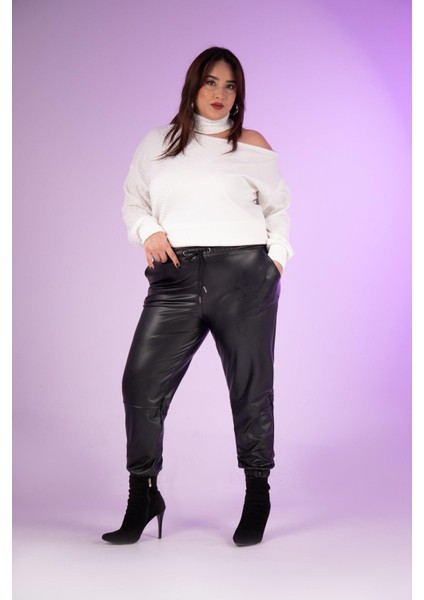 Kadın Büyük Beden Deri Siyah Pantolon