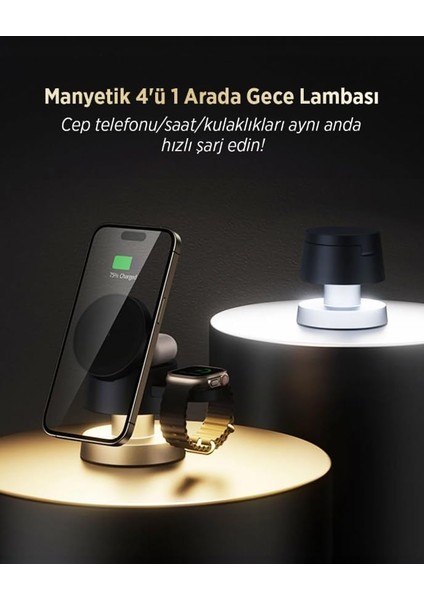 4’ü 1 Arada Şarj Istasyonu – Telefon, Saat, Kulaklık ve Gece Lambası Özelliğiyle Şık ve Pratik Tasarım, Hızlı Şarj, Uyumlu modelleri