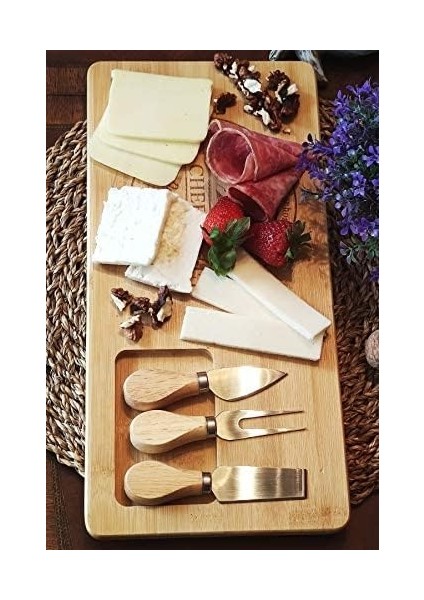 Bambu Peynir Sunum Tabağı - 4 Parça Meyve ve Yiyecek Tahta Sunum Seti | ve Şık Tasarım - Lezzetli Atıştırmalıklarınızı Şık Bir Şekilde Sunun!