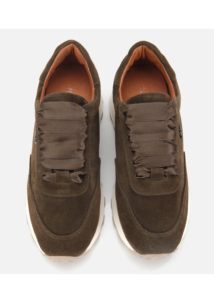 01AYH315410A880 KADIN Süet Deri Haki Bağcık Detaylı Yüksek Tabanlı Spor Ayakkabı