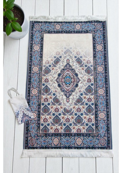 Ipeksi Dokulu Çantalı Kadife Seccade - Rumi Motifli, Pratik, Taşınabilir - Lacivert