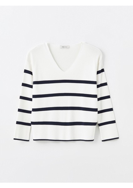 Yeni Sezon V Yaka Çizgili Uzun Kollu Kadın Triko Kazak