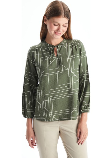 Yeni Sezon Bağlamalı Yaka Desenli Uzun Kollu Kadın Bluz
