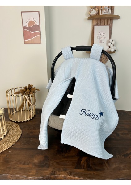 Isimli Puset Örtüsü Nakış Işlemeli %100 Pamuk Çok Amaçlı Örtü Waffle Pike Kumaş Beyaz/pembe/mavi