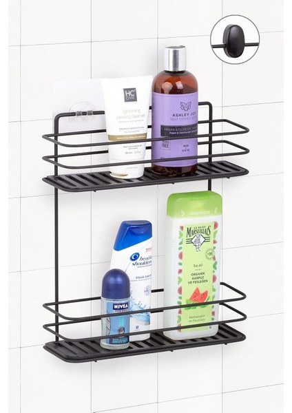 Haus Ömür Boyu Paslanmaz Yapışkanlı Düzenleyici Şampuanlık 2 Katlı Duş Rafı Siyah MDS-836