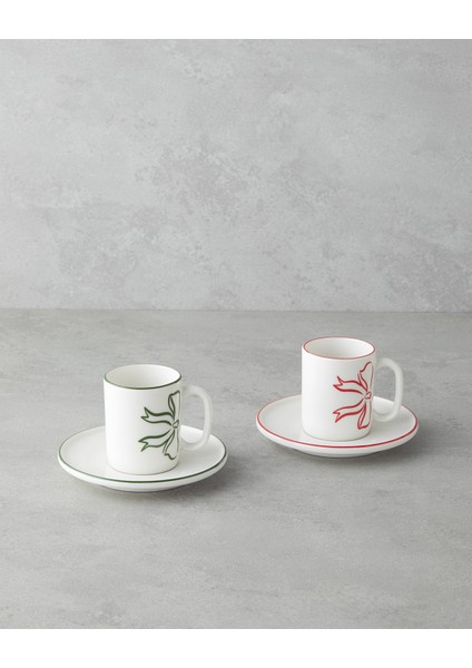 Bowsie Bone Porselen 4 Parça 2 Kişilik Kahve Fincan Takımı 90 ml Kırmızı - Yeşil