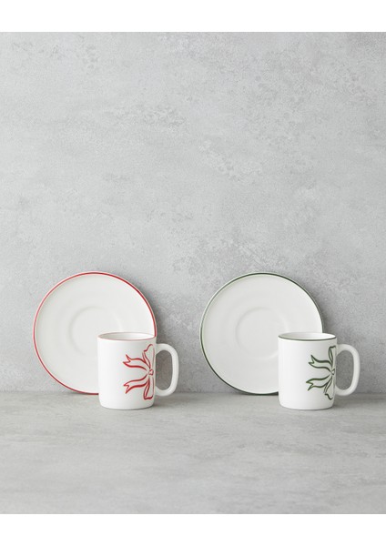 Bowsie Bone Porselen 4 Parça 2 Kişilik Kahve Fincan Takımı 90 ml Kırmızı - Yeşil fiyatları
