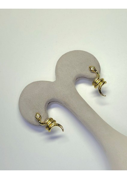 Çelik Gold Rengi Yılan Figürlü Küpe Sarmal Zirkon Taşlı Kadın