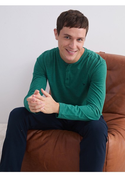 Yeni Sezon Bisiklet Yaka Uzun Kollu Erkek Pijama Üst