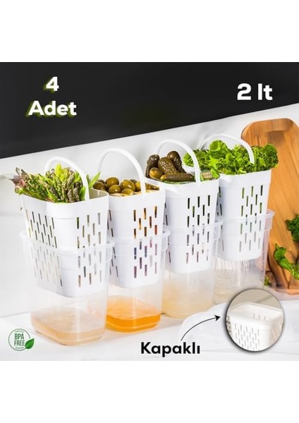 1045 4' Lü Süzgeçli Turşuluk Zeytinlik Çok Amaçlı Dikdörtgen Saklama Kabı Seti - 2 L modelleri