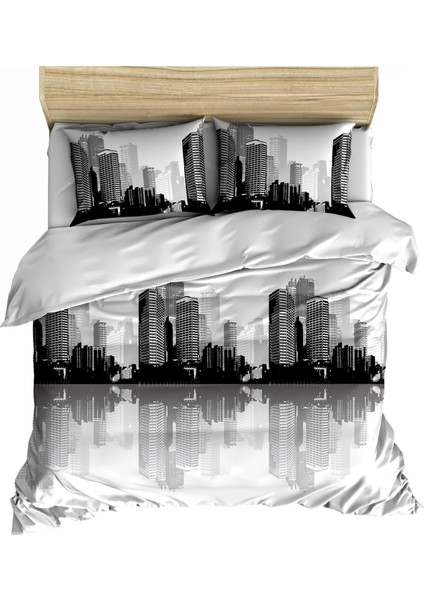 %100 Pamuklu Şehir Temalı City 200X220+2*(50X70) Çift Kişilik Nevresim ve Yastık Kılıfı