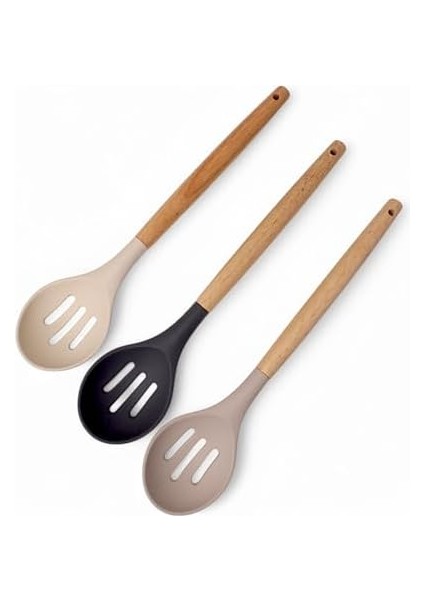 Bambu Saplı Silikon Delikli Servis Kaşığı, Bambu Uzun Silikon Delikli Servi Kaşığı 27CM 3 Renk Seçenekli (Siyah) fiyatları
