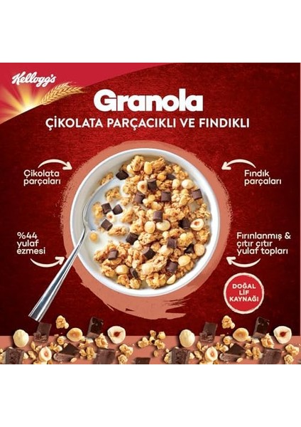 Kellogg's Granola Çikolata Parçacıklı ve Fındıklı 340 Gr,%44 Yulaf Içerir,lif Kaynağı,%11 Belçika Çikolata Parçaları,antioksidan Içerir,kahvaltılık Gevrek,müsli