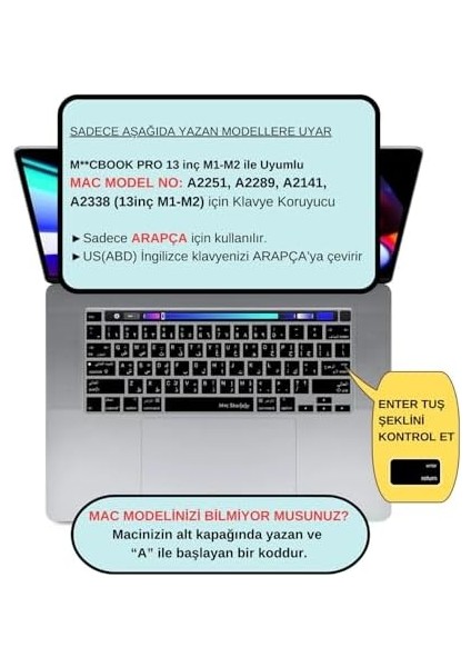 MacBook Klavye Koruyucu Silikon Kılıf Arapça Baskılı Us Amerikan Return Enter Tipi Touchbar Pro 13-16 Inç A2251 A2289 A2338 A2141 Uyumlu, Ultra Ince Hafif Yıkanabilir Klavye Filmi Siyah fiyatları