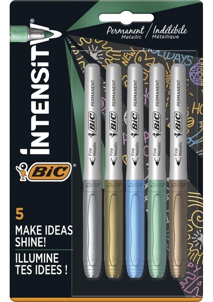 Intensity Permanent Marker Metalik Kalıcı Işaretleyiciler - 5'li Paket - Çeşitli Metalik Renkler - Koyu ve Açık Yüzeyler Için - Düşük Koku