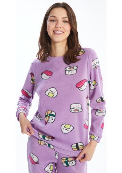 Yeni Sezon Bisiklet Yaka Desenli Polar Kadın Pijama Takımı