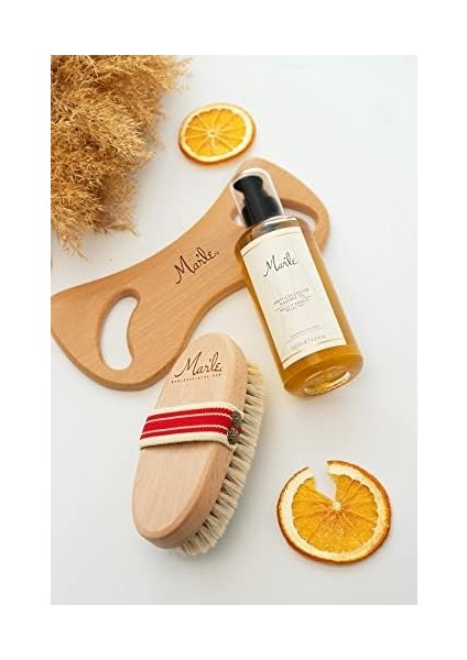 MAR'LE%100 Doğal At Kılı Fırçası + Selülit Karşıtı Masaj Yağı 200 ml + Selülit Giderici Ahşap Masaj Aleti