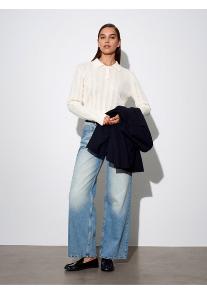 10827 Polo Yaka Ince Triko Bluz-Ekru