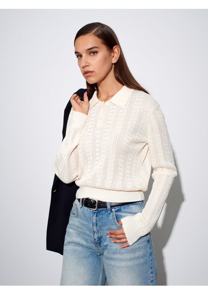10827 Polo Yaka Ince Triko Bluz-Ekru fiyatları