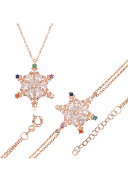925 Ayar Gümüş Renkli Taşlı Kar Tanesi Kadın Set T7102 (770770)
