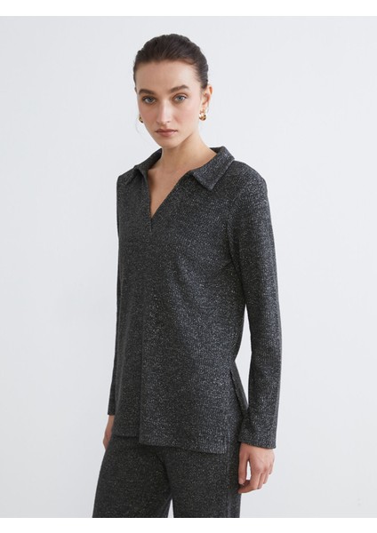 Yeni Sezon Polo Yaka Parlak Görünümlü Bluz