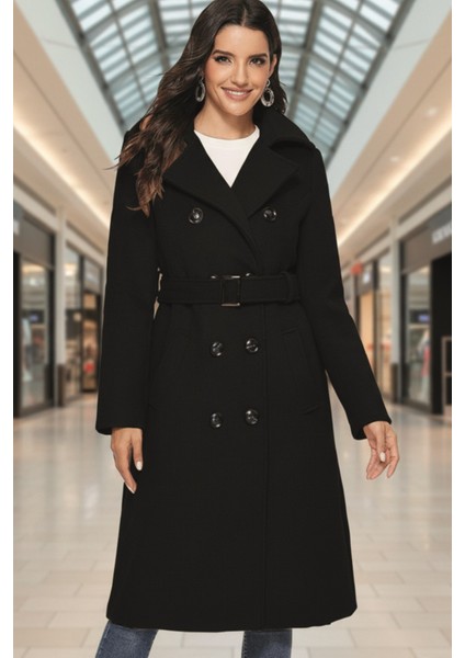 Aksesuarlı Kaşe Kaban Kemer Detaylı