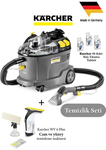 Yüksek Güçlü 48 Yıkama Tableti + Cam Temizleme Cihazı + Profesyonel Puzzi 8/1 Halı Koltuk Yıkama Makinesi -Araç,döşeme,tekstil ,halı ve Koltuk