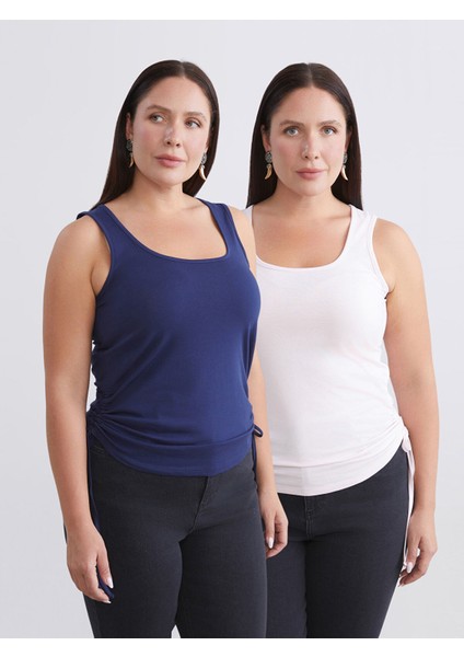 Yeni Sezon Büyük Beden Kare Yaka Büzgülü Kadın Atlet 2'li