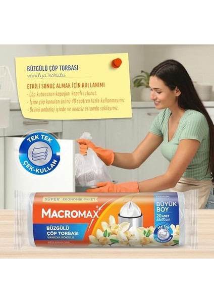 Macromax Büzgülü Çöp Torbası Büyük Boy (65X70CM) Vanilya Kokulu 20 Adet Süper Ekonomik Paket