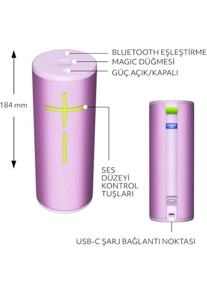 Ears Boom 4 Taşınabilir Su Geçirmez Hoparlör, 360 Derece, Güçlü, Sürükleyici, Netliğinde Ses, 15 Saatlik Pil Ömürlü ve 45M Kullanım Mesafeli Hoparlör, Lila modelleri