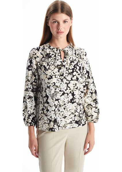 Yeni Sezon Bağlamalı Yaka Desenli Uzun Kollu Kadın Bluz