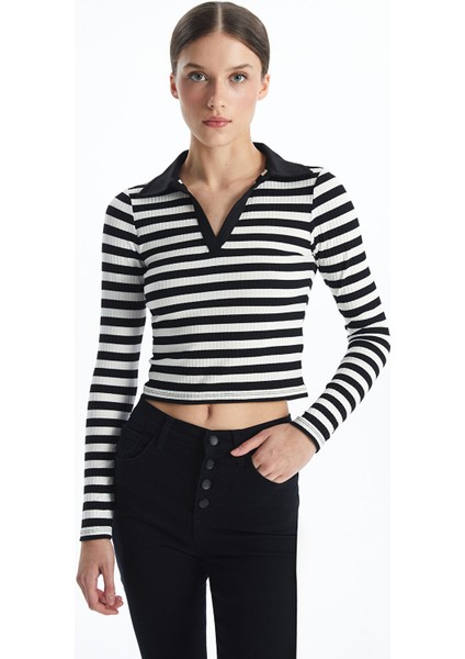 Yeni Sezon Polo Yaka Çizgili Uzun Kollu Kadın Tişört