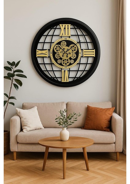 Gearline Serisi 60 cm Döner Çarklı Mekanizmalı Roma Rakamlı Sessiz Akar Metal Dekoratif Duvar Saati Siyah-