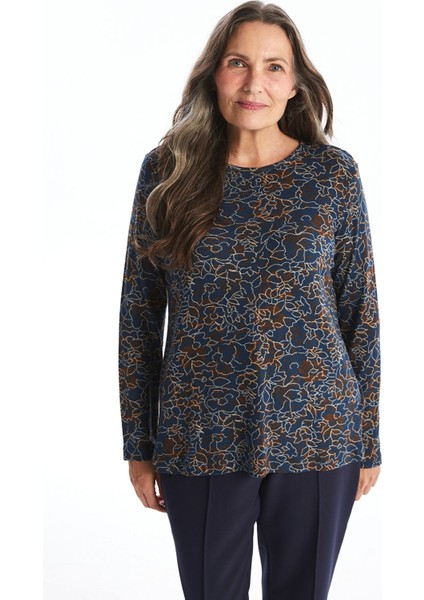 Yeni Sezon Bisiklet Yaka Desenli Uzun Kollu Kadın Bluz