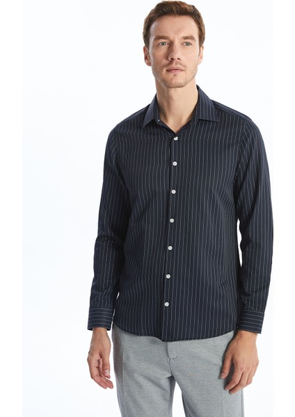 Yeni Sezon Slim Fit Uzun Kollu Çizgili Gabardin Erkek Gömlek