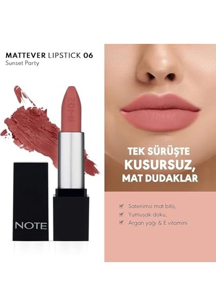 Note Mattever Lipstick 06 Sunset Party Yarı Mat Saten Bitişli Ruj, Pembe modelleri