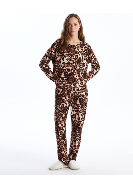 Yeni Sezon Bisiklet Yaka Leopar Desenli Polar Kadın Pijama Takımı