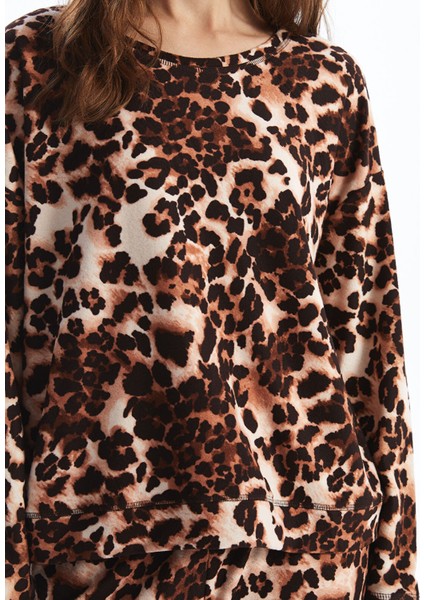 Yeni Sezon Bisiklet Yaka Leopar Desenli Polar Kadın Pijama Takımı modelleri