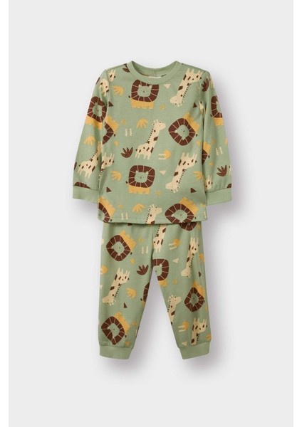 Erkek Bebek Pijama Takımı Safari Baskılı Uzun Kollu Penye Üst Uzun Alt