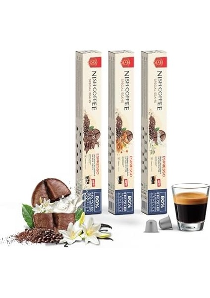 Nish Kahve Aromalı Kapsül Kahve 3'lü Set Karamel Vanilya Çikolata 30 Adet modelleri
