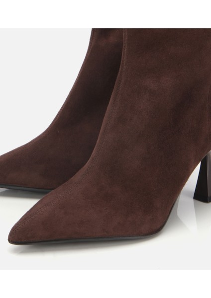 01BOH312650A480 KADIN Süet Deri Kahverengi Dikiş Detaylı Sivri Kısa Topuklu Bot modelleri