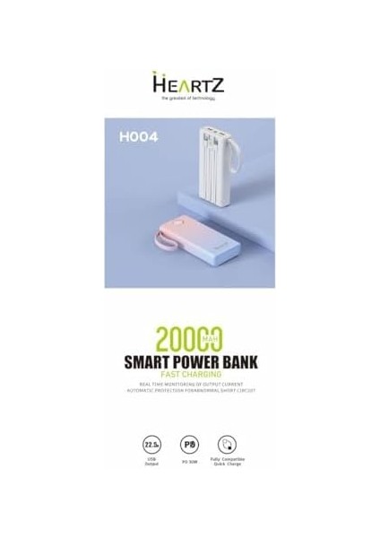 H004 20000 Mh Pd 30W ve USB 22.5W Fast Hızlı Şarj Dahili Type C ve Lightning Kablolu Dünya Standartlarına Uygun Polymer Batarya Birebir Amper LCD Göstergeli Powerbank modelleri