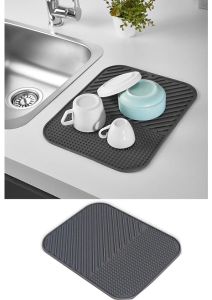 Çift Taraflı Kaydırmaz Silikon Bulaşık Kurutma Matı Örtüsü Buzluk Halısı Bulaşıklık Antrasit Renk SEA148A