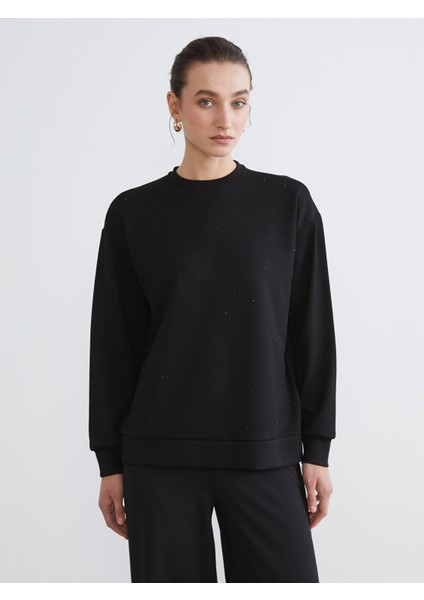 Yeni Sezon Bisiklet Yaka Taşlı Kadın Sweatshirt