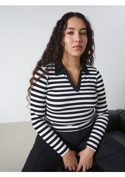 Yeni Sezon Polo Yaka Çizgili Uzun Kollu Kadın Tişört fiyatları