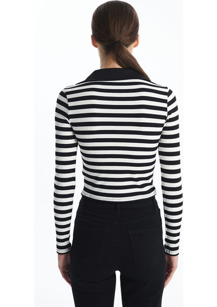 Yeni Sezon Polo Yaka Çizgili Uzun Kollu Kadın Tişört indirimleri