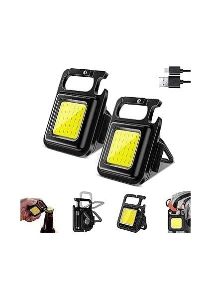 2 Adet Mini Taşınabilir LED Çok Fonksiyonlu, Yüksek Lümen, Cob Anahtarlık, Dış Mekan Için Şarj Edilebilir Acil Işığı, Mini Kamp (2)